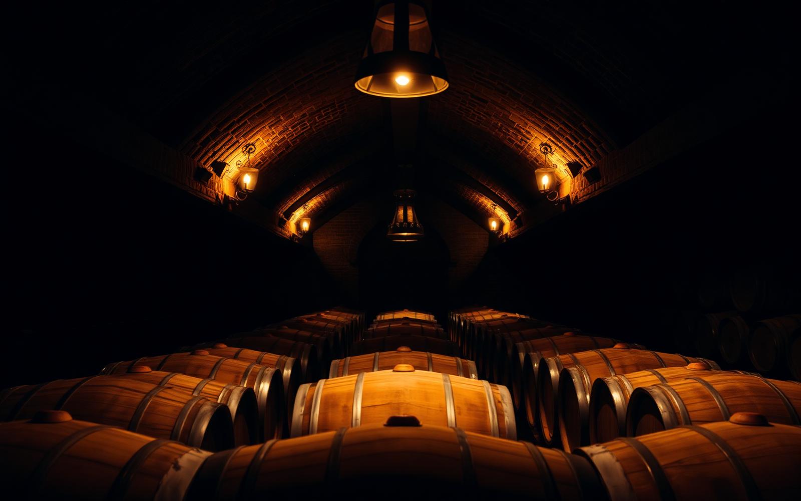 Oak barrels resting in the Venice Winery cellar